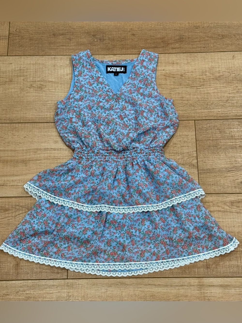 KatieJ NYC Floral Lace Tiered Dress Girls Medium Blue Cottagecore